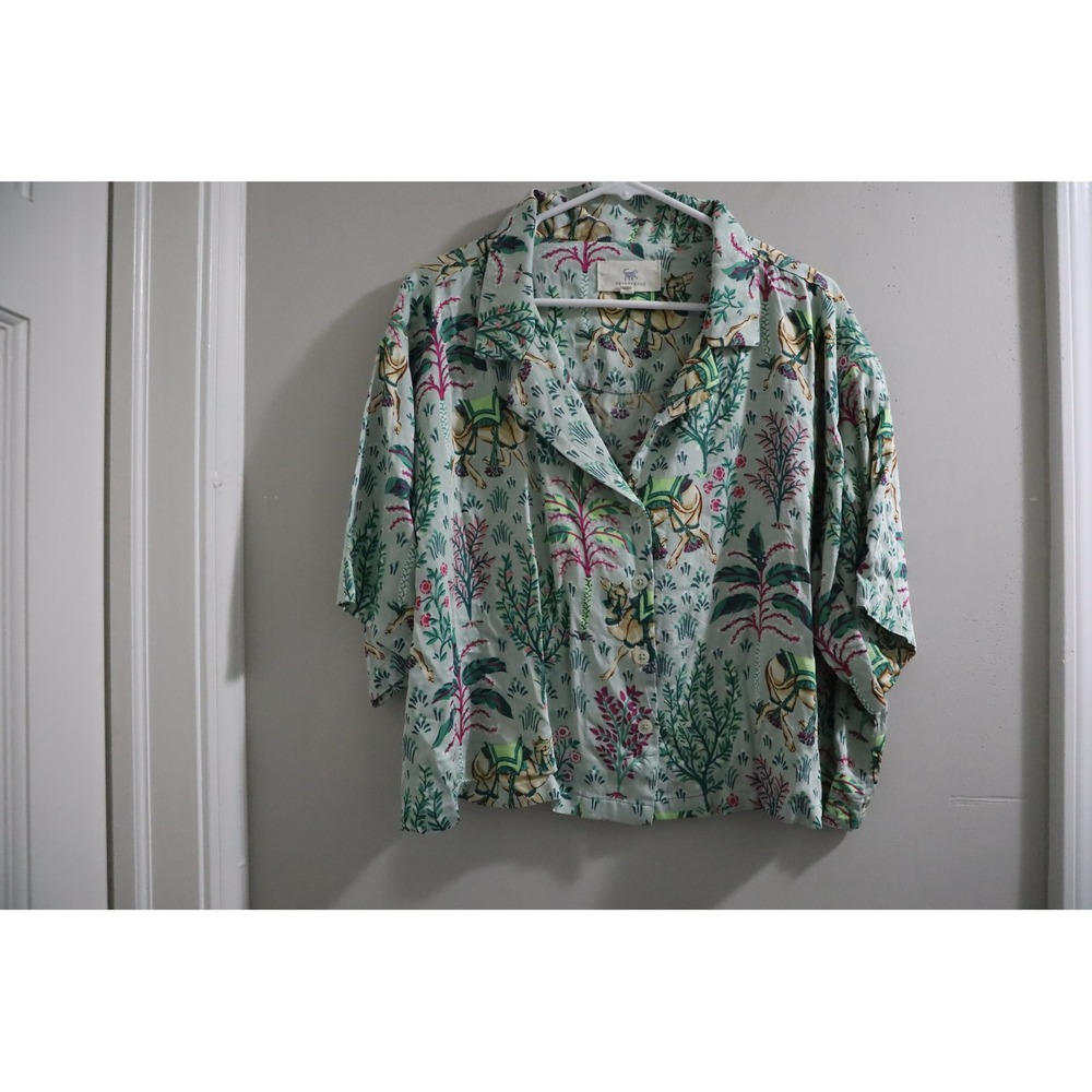 Printfresh Camel Oasis Print‎ Viscose Short Sleeve Button Down Top Mint Green L